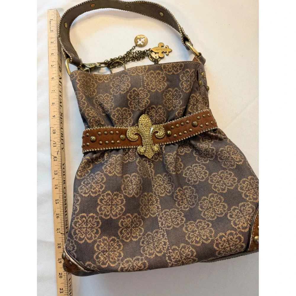 Kathy Van Zeeland Hobo Bag Large Brown Fleur De Lis Studded Y2K Boho Purse